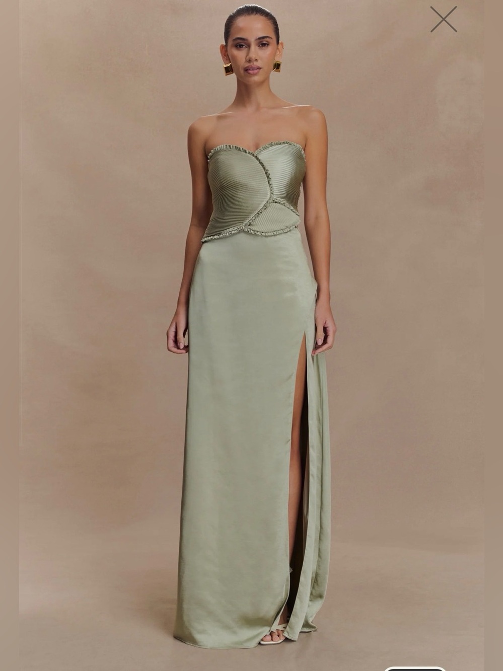 Meshki Larissa Satin Maxi Dress With Ruched Petals - Sage - Picture 2 of 11